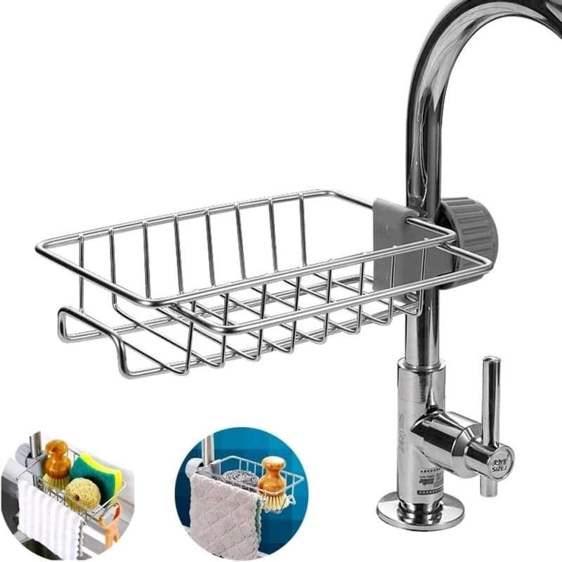 Stainless Steel Sink Organizer with Faucet Mount | Kitchen Storage Rack + 5 Non-Scratch Scrubbers Free