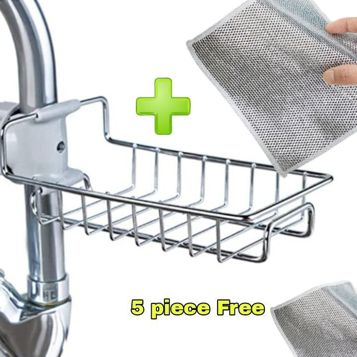 Stainless Steel Sink Organizer with Faucet Mount | Kitchen Storage Rack + 5 Non-Scratch Scrubbers Free
