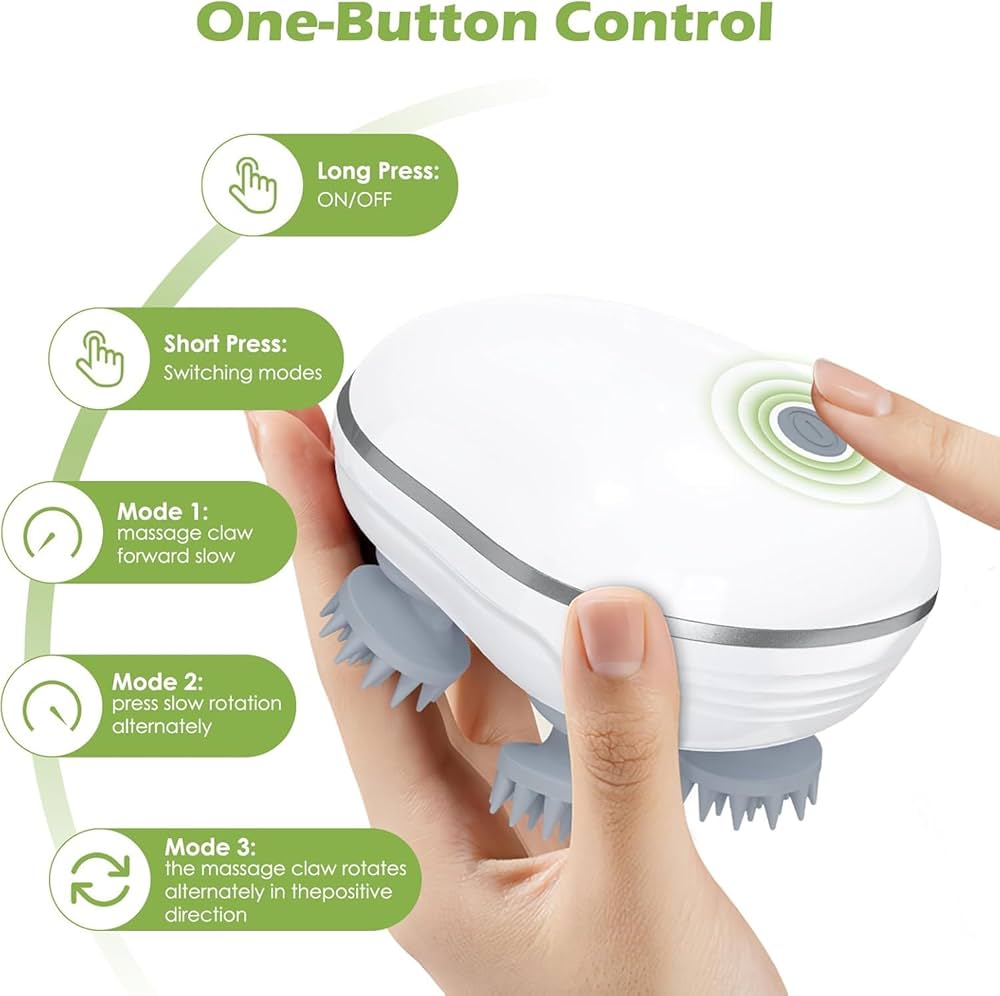 Electric Scalp & Body Massager with 4 Rotating Massage Heads | One-Button Control | Rechargeable Deep Tissue Massager