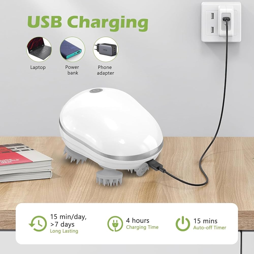 Electric Scalp & Body Massager with 4 Rotating Massage Heads | One-Button Control | Rechargeable Deep Tissue Massager