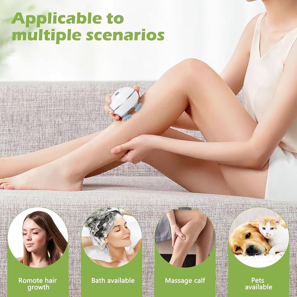 Electric Scalp & Body Massager with 4 Rotating Massage Heads | One-Button Control | Rechargeable Deep Tissue Massager