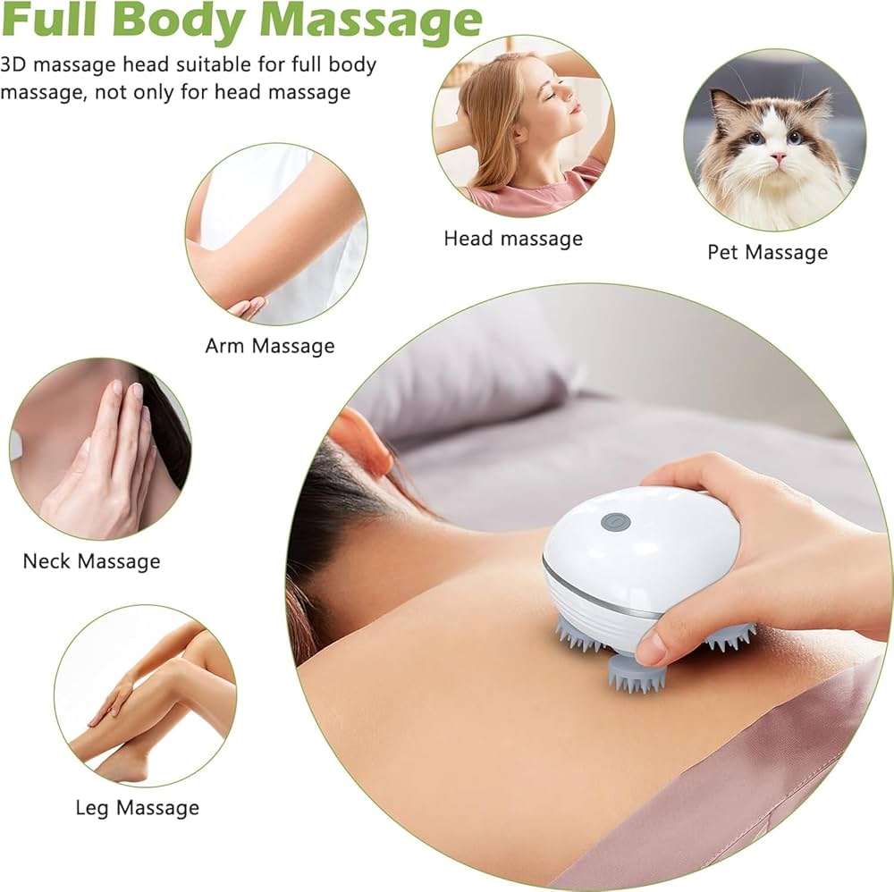 Electric Scalp & Body Massager with 4 Rotating Massage Heads | One-Button Control | Rechargeable Deep Tissue Massager