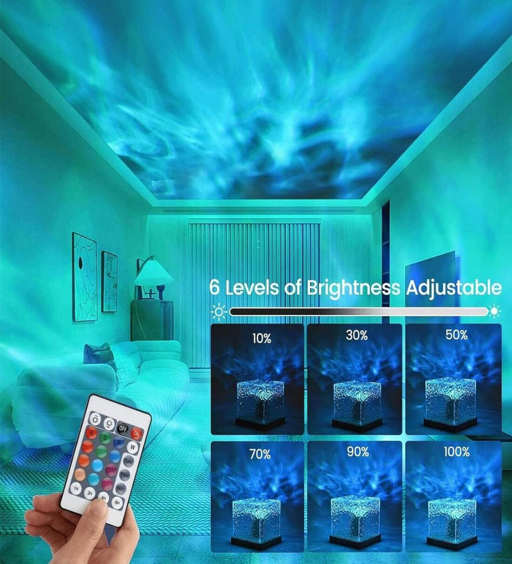 Crystal Cube LED Night Lamp with Ocean Wave Projection | RGB Color Changing Light with Remote Control & Adjustable Brightness