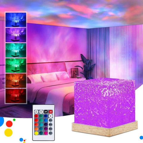 Crystal Cube LED Night Lamp with Ocean Wave Projection | RGB Color Changing Light with Remote Control & Adjustable Brightness