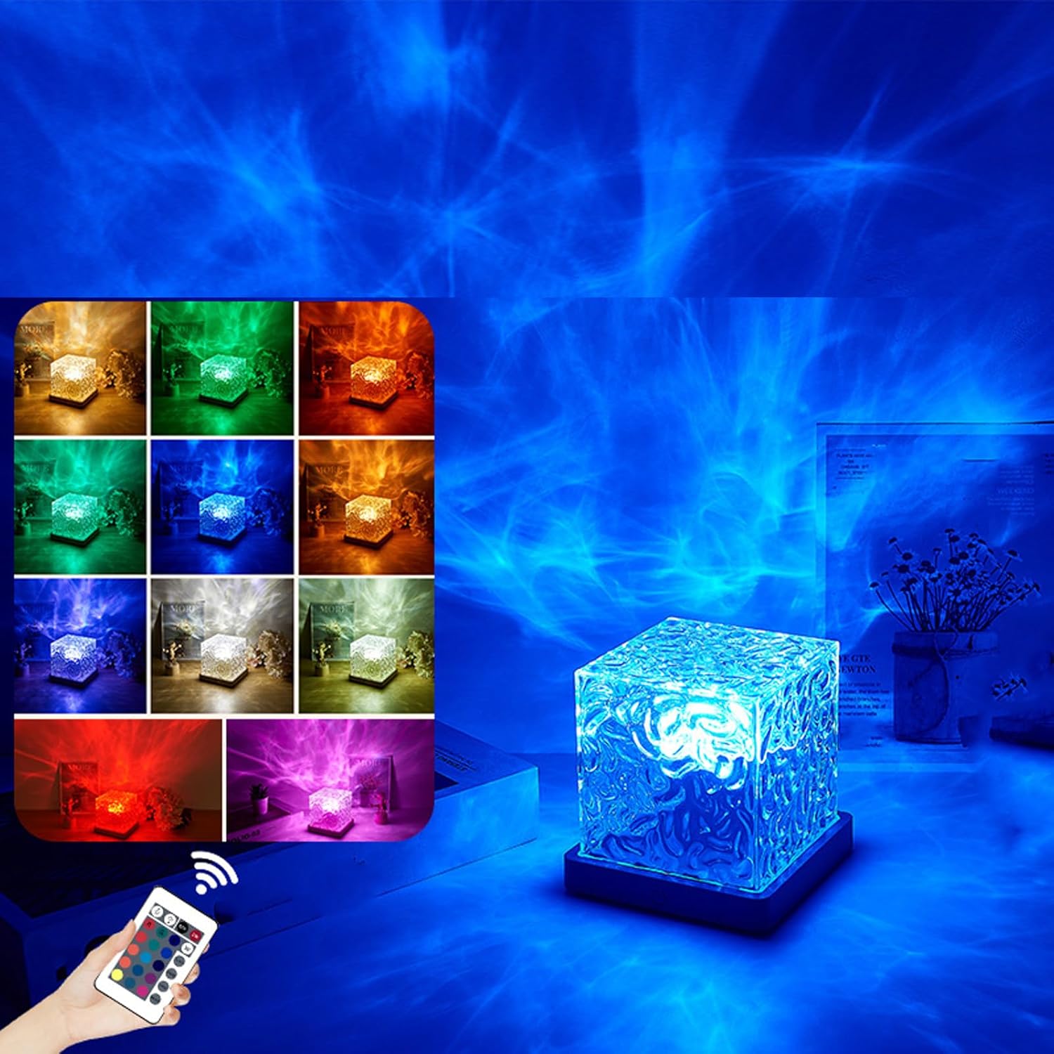 Crystal Cube LED Night Lamp with Ocean Wave Projection | RGB Color Changing Light with Remote Control & Adjustable Brightness